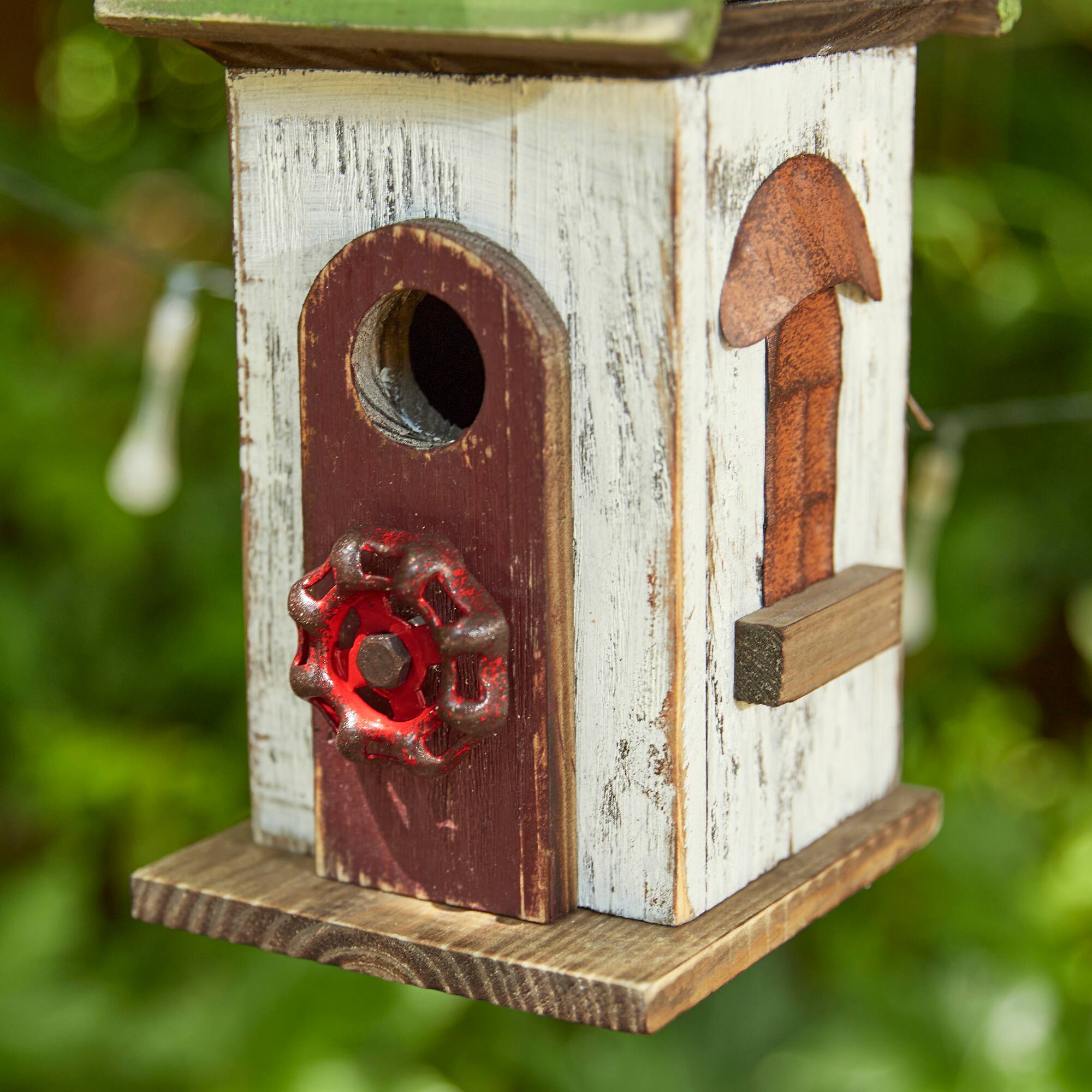 Glitzhome® 15.75" White & Green Distressed Wood Birdhouse